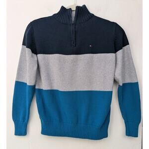 Tommy Hilfiger Youth Sweather Color Block Pullover Blue Knit 1/4 Zip Sz M 12/14